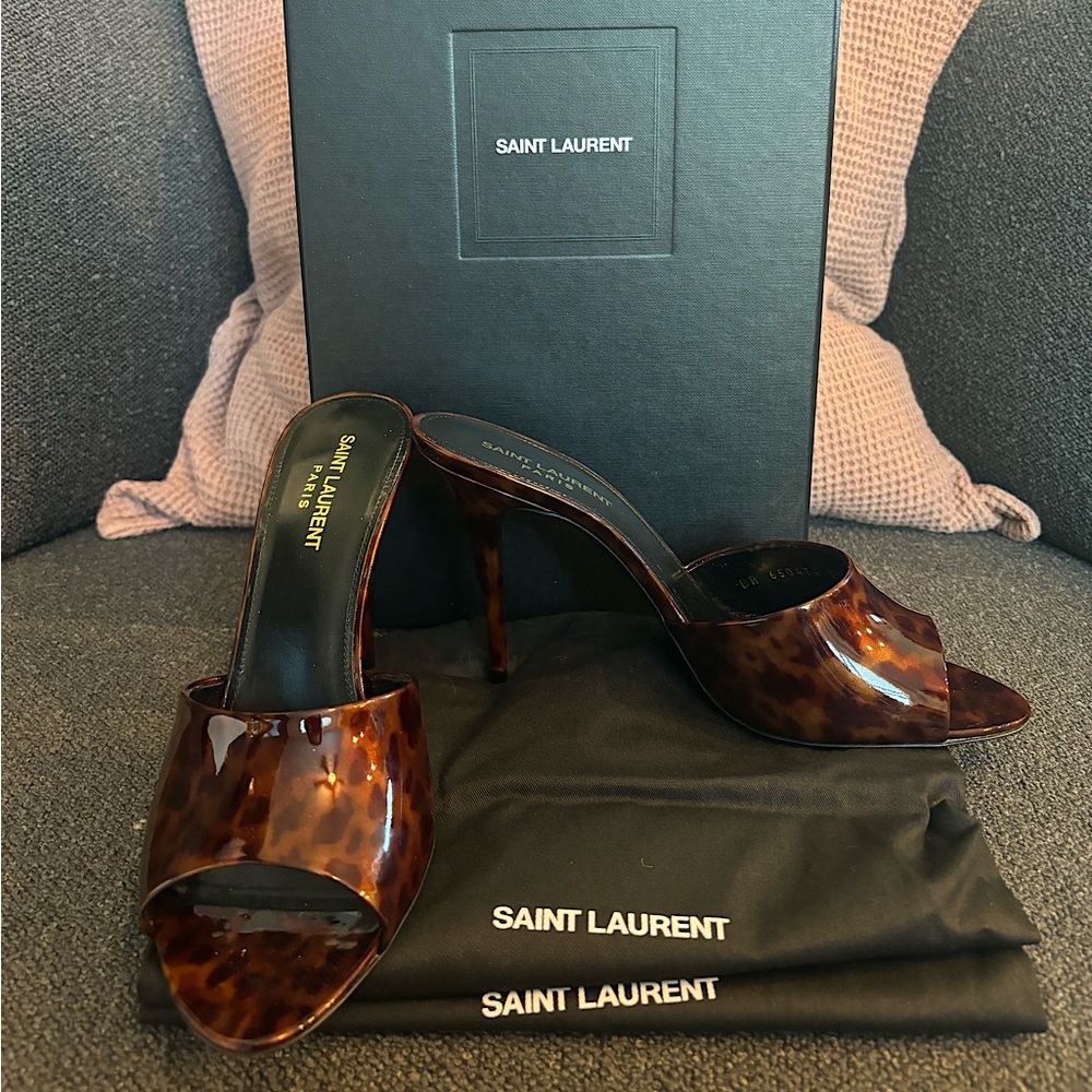 YSL Saint Laurent Tortoise Brown Patent Taratuga Mule NWT